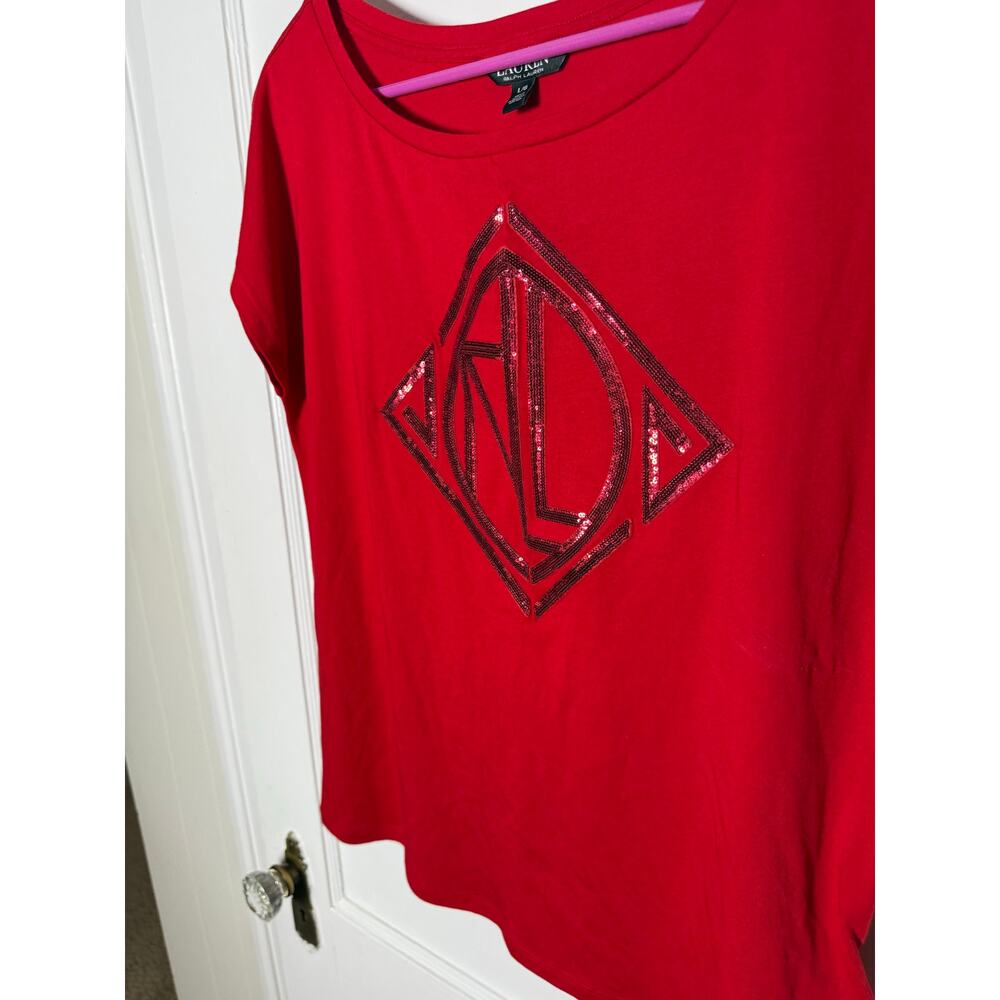 Lauren Ralph Sequined Art Deco Cotton Blend T-Shirt Lipstick Red Women's Large - Picture 4 of 9